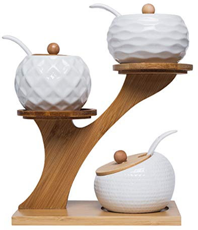 Porta Spezie Barattolo Di Spezie Pentole In Ceramica, Barattoli Da Cucina Contenitori Con Coperchio Ermetico Di Legno E Cucchiaio (Set 3 Pezzi)