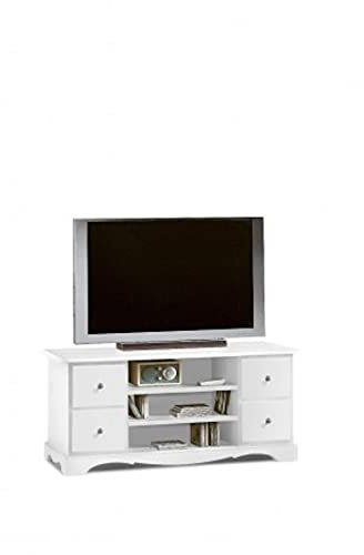Mar.c.a. Design - TV-Schrank für den Boden weiß matt aus Pappelholz mit seitlichen Türen, Tür und Schublade zentral - Wohnzimmerschrank Shabby Chic, Arte Povera - Maße 117 x 49 x 53 cm