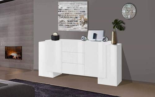 Dmora - Buffet Fabio, Buffet de cuisine avec 2 portes et 3 tiroirs, Buffet de salon, Buffet de cuisine, 100% Made in Italy, 210x45h85 cm, Blanc brillant