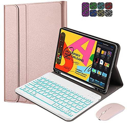 QYiD Funda de teclado para iPad Air 2 / iPad Air 1, desmontable Bluetooth inalámbrico, 7 colores retroiluminados, Smart Folio Funda de piel para iPad Air 2 y 1 de 9,7 pulgadas, oro rosa