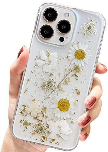 AMART Design for iPhone 13 Pro Case Flowers, Clear Cute Glitter Pressed Dried Flower Design Case Transparent Soft Slim TPU Protective Floral Women Girls Cover for iPhone 13 Pro (Elegant White)