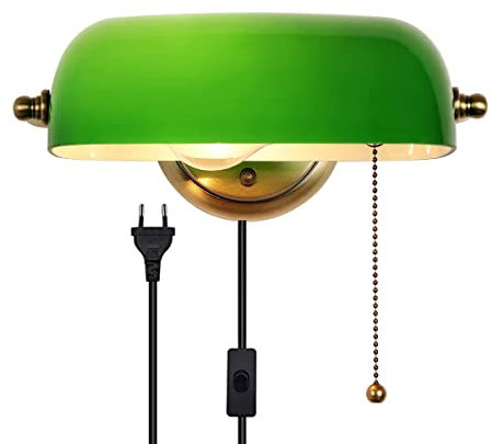 FREEDL Vintage Banker Wandlampe mit Schalter und Stecker Bankerlampe Grün Glas Lampenschirm Verstellbare E27 Wandleuchte Schlafzimmer Retro Wandbeleuchtung für Wohnzimmer Restaurant