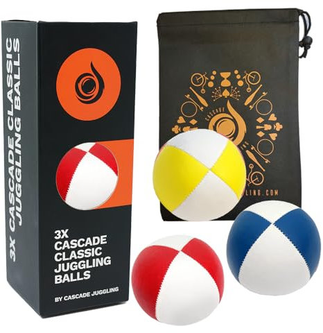Cascade Juggling 3 x Pro 115g Cascade Classic Juggling Balls - Thud Juggling Balls & Bag - Set of 3 Juggling Balls - Red,Blue,Yellow/ White
