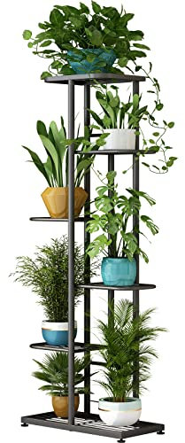 LINZINAR Pflanzenständer aus Metall, 6 Ebenen, 7 Blumentöpfe, mehrere Blumentopfhalter, Regal für drinnen und draußen, Pflanzgefäß, Ausstellungsregal für Terrasse, Garten, 7 Topfpflanzen, dunkelgrau