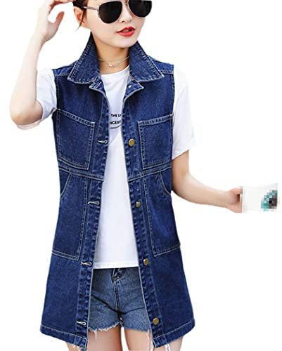 Autunno Donne Lungo Denim Gilet Nappa Strappato Jeans Giacca Gilet Casual Senza Maniche Tasca Outwear Plus Size, Blu navy 01, 4XL