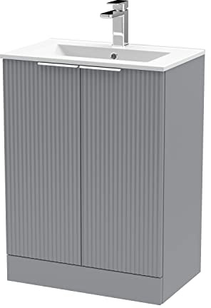 Hudson Reed DFF225B Fluted Modern Bathroom Floor Standing 2 Door Vanity Basin Unit with Minimalist Ceramic Basin, 600mm, Satin Grey