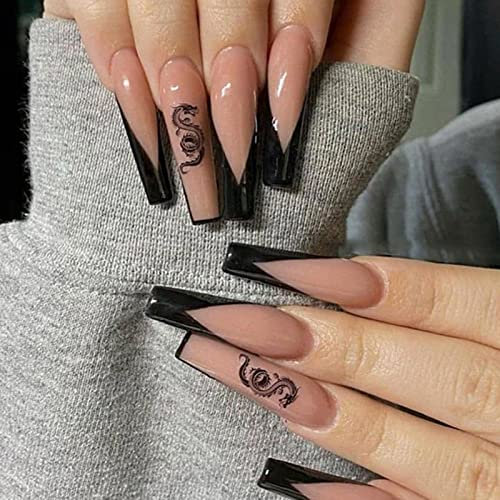 JUSTOTRY 24 Pcs Fake Nails Long, Black French Press on Nails with Dragon Patterns, Ballerina Stick on Nail for Women, Acrylic Medium Coffin False Nail for Nail Art