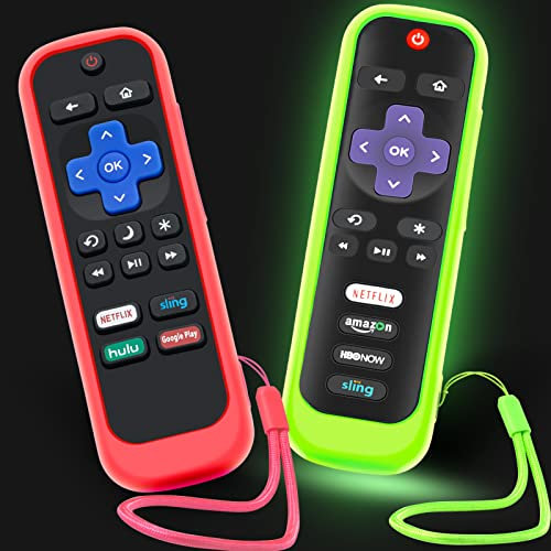 Confezione da 2 custodie per telecomando Roku, cover per Hisense/TCL Roku TV Steaming Stick/Express universale di ricambio per controller in silicone che si illumina al buio, verde e rosso
