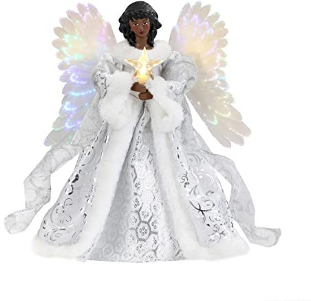 MOCIUN Angel Tree Topper, Angel Christmas Tree Topper Decorations, Light Up Star and White Wings, Resin Angel Ornaments for Christmas Tree Decorations (A)