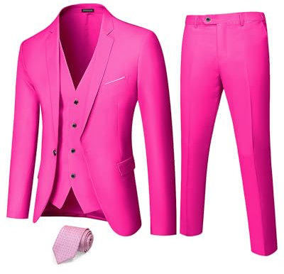 Hihawk Traje de 3 piezas para hombre con tela elástica, sólido ajuste delgado, un botón, chaqueta y pantalones con corbata., Fucsia, Small