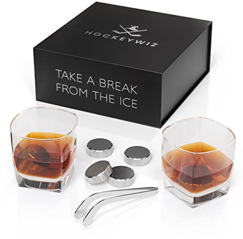 Hockey-Whiskey-Stein-Set, 7-teilig, 4 Hockey-Puck-Whiskey-Steine mit Kühlgel-Innenseite, beste Hockey-Geschenke für Hockey-Trainer. Hockeyschlägerzange, elegantes Whiskey-Set, Vatertagsgeschenk
