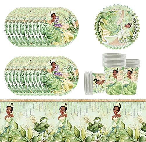 61Stück Princess Tiana Geburtstags Partygeschirr,Prinzessin und Frosch Partyzubehör Pappteller Set, Set einschließlich Tischdecke Teller Becher Servietten zum babyparty,Hochzeiten,Jubiläums(20 Gäste)