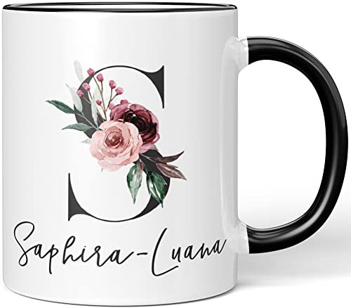 JUNIWORDS Tasse, Saphira-Luana, Name Anfangsbuchstabe Initial Alphabet Floral Buchstabe S Monogramm Motiv, Schwarz (5599841)
