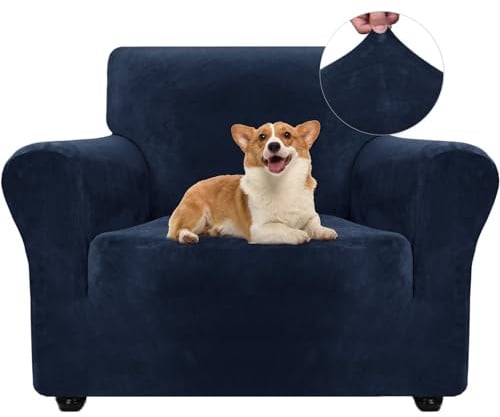 Ystyle Elastischer Samt Sofabezug 1 Sitzer, Dunkel Blau | Stretch Sofa Überzug, Sofaschoner Rutschfest, Couch Überzug, Sofa Cover mit Armlehnen, Sesselschoner Sofaschutz Katze
