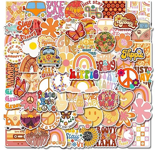 Kireida® 100 Stück Hippie-Aufkleber, groovige Preppy-Boho-Ästhetik-Aufkleberpakete, 70er-Jahre-Hippie-Partydekorationen, Wasserflaschen, wasserfeste Vinyl-Aufkleber