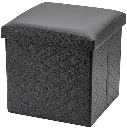 Baroni Home Faltbarer Sitzwürfel aus Kunstleder, Aufbewahrungsbox, gepolsterter Fußhocker mit Stauraum, Sitzhocker für Schlafzimmer und Wohnzimmer, 38x38x38 cm, Schwarz