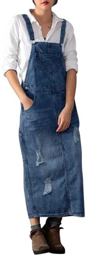 Womens Vintage Classic Suspender Long Denim Skirts Washed Distressed Dungarees Dress Skirts Ripped Holes Pinafore Overalls(UK 20/Tag 5XL,Dark Blue)