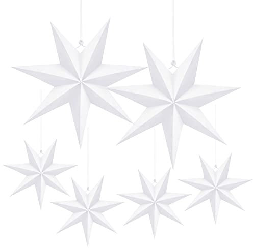 LANMOK 6pcs 7 Pointed White Paper Stars - 4pcs 30cm DIY 3D Hanging Paper Stars & 2pcs 45cm Folded Paper Star Lanterns for New Years Eve Birthday Wedding Winter Evening Party Decoration