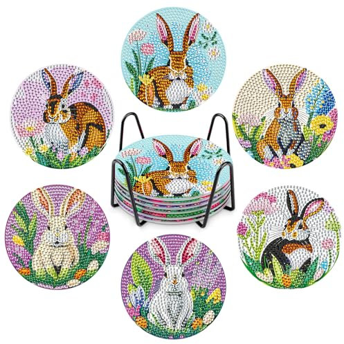 NAIMOER 6Stück Bunny Diamond Painting Untersetzer mit Halter, DIY Tiere Untersetzer, Kaffee Diamant Painting Blumen Untersetzer für Erwachsene Kinder, Getränke Untersetzer, 5D Diamant Untersetzer