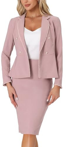 Allegra K Costume d'affaires pour Femme 2 pièces Tweed Trim Blazer Veste et Ensemble de Jupe Rose L