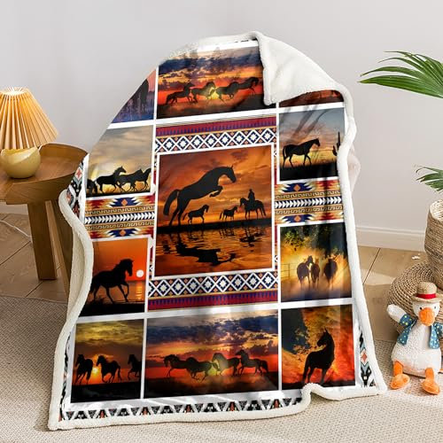 AILONEN Kuscheldecke für Laufpferde, Sherpa-Decke, Sonnenuntergang, Cowboy-Decke, Pferde-Geschenkdecke für Jungen, Mädchen, Erwachsene, exotisches Aztekenpferd, Überwurfdecke, 190 x 150 cm, 0