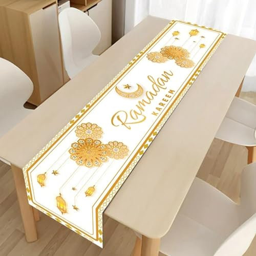 Eid Mubarak Tischläufer Ramadan Mubarak Tischläufer Tischdekorationen,Ramadan Tischdecke Muslim Party Tischdecke Deko,mit Gold Stern Mond Moschee für Zuhause Tischdeko Dinning Party Dekoration (A)