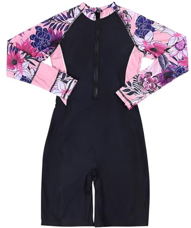 AMhomely Langärmeliger Surfanzug für Damen, einteiliger Badeanzug, tropisches Blumenmuster, Reißverschluss, Bauchkontrolle, Badeanzug, bequem, langärmelig, verbundener Körper, Sonnenschutz,