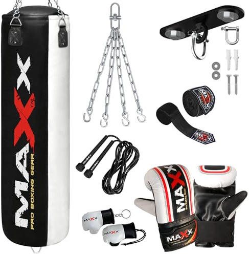Maxx Black and White 3ft 4ft 5ft 6ft Filled Hanging Boxing Punch Bag Set Heavy Punching bag (10pcs set with Hook, 4FT)