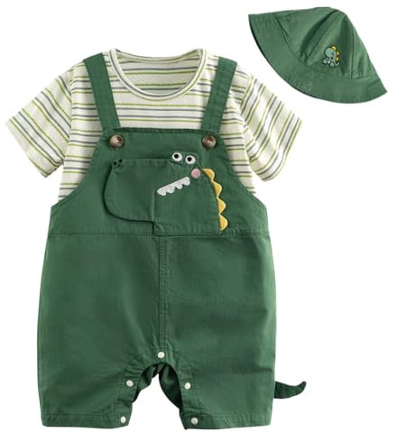 Volunboy Completi Estivi Bambino, Unisex Set di 3 Maglietta a Maniche Corte e Salopette Dinosauro con Cappelli Carino Abito Neonato Tuta(Dinosauro Verde Scuro,12-18 mesi,Taglia 80)