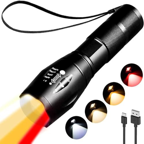 MODOAO 4-in-1-LED-Taschenlampe, wiederaufladbar, rot, gelb, bernsteinfarben, weißes Licht, 4 Modi, Fotografie-Fülllicht, zoombar, wasserdicht, mehrfarbige Taschenlampe für Angeln, Camping, Wandern