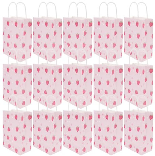 OUNONA 16 x Geschenktüten Weihnachten Papiertüten mit Henkel Partygeschenktüten Kleine Papiertüten Weihnachten Adventskalender weihnachtspapiertüte 100% Erdbeer Muster - 21x15