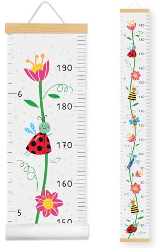 Messlatte Kinder-Wachstum Messlatte-Höhenlineal zum Aufhängen-Abnehmbare Leinwand mit Holzposterleiste - Kinderzimmer Deko und Geschenk zur Geburt(160cm x 20cm) (Weiße, Blumen & Insekten)