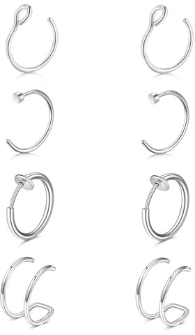 JFORYOU 4 Pairs Stainless Steel Fake Nose Ring Hoop No Pierced False Septum Lip Tragus Ohr Ringe Earrings Silver Piercing Jewelry