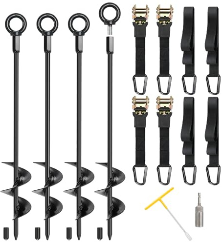Fuuner Heavy Duty Ground Anchors for High Wind, 4/6 Pack 45cm Spiral Stakes | Fully Welded, Screw-In Trampoline Anchors with Ratchet Straps, Carabiners & Socket Tools, for Gazebos, Swings, Tents & Sheds