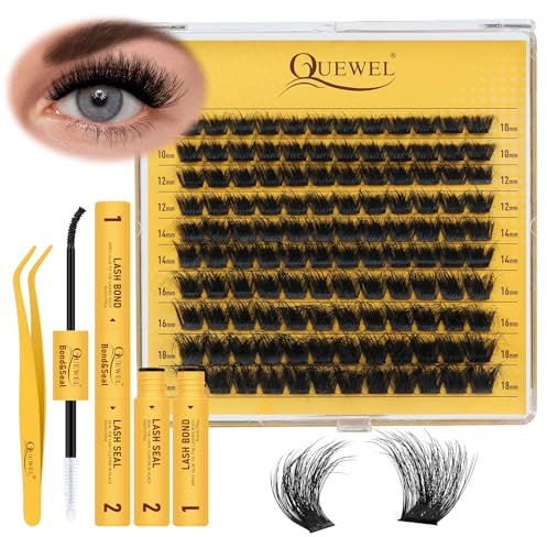 QUEWEL Cluster Lashes Kit D Curl DIY Lash Extensions Kit, 120 pcs Fluffy Cluster Lashes with Bond and Seal Lash Glue, Lash Applicator Easy to Use for Beginners at Home (3D-cloud A Kit-4)