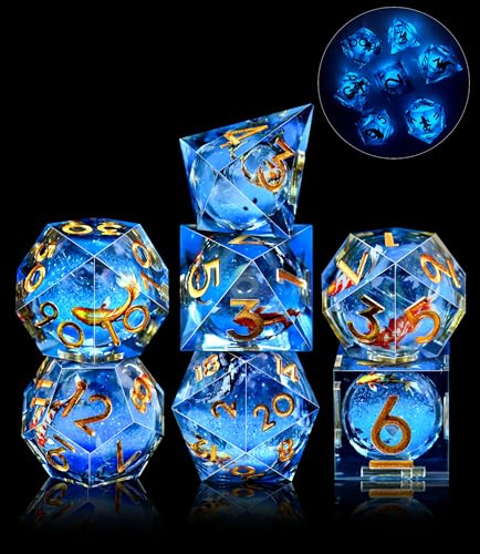 SIQUK 7 Stück Liquid Core Würfel Koi Fisch DND Würfel Spielwürfel Leuchten im Dunkeln Polyedrische Würfel Set D4 D6 D8 D10 D12 D20 D% für DND RPG MTG