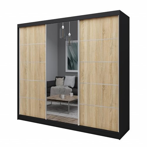 AGMAT-FURNITURE Schwebetürenschrank Kira, Kleiderschrank mit 3 Türen und Spiegel, Moderne Garderobe in Farbe: Schwarz/Sonoma, Schrank in Größe: 240 x 216 x 61 cm