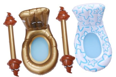 KONTONTY Aufblasbarer PVC Schwimmsessel in Toilettenform Lustiger Aufblasbarer Schwimmring Mit Rückenlehne Strapazierfähig Geeignet Für Pool Strand Outdoor-Party Sommerurlaub Weiße Und Gold