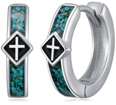 Midir&Etain Kreuz Ohrringe Creolen für Männer Damen 925 Sterling Silber 15mm Huggie Ohrring mit Türkis Schmuck Geburtstags Geschenk für Prime Christliche Mutter Gattin