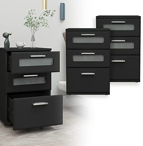 ML-Design 2X Table de Nuit avec 3 Tiroirs, Dont 2 avec Insert en Verre Satiné, Noir, 40x60x38 cm, Bois MDF, Table de Chevet, Console de Nuit Commode, Adaptée à Chaque Lit Chambre à Coucher ou Bureau