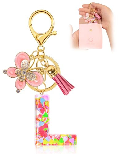 Porte clés personnalisé femme – Porte clef lettre initiale avec papillon et pompon rose – Porte clé voiture élégant – Cadeau personnalisé femme pour anniversaire, Noël, Saint-Valentin(L)