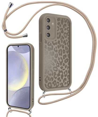 Xylota Coque avec Cordon pour Samsung Galaxy S24 5G, Aesthetic Léopard Motif Etui avec Réglable Collier Silicone Corde Protection Bumper Case, Lanyard Antichoc Housse pour Samsung S24 5G 6,2'', Marron