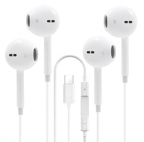 Pack de 2 auriculares USB C para Android, auriculares in-ear con cable USB C, auriculares estéreo HiFi con micrófono y control de volumen, auriculares en EarGaming para PC, iPhone 16 15, Samsung