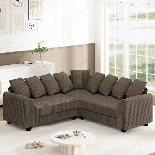 Bladez Modulares L-Ecksofa 5-Sitzer aus Cord, Cloud Sofa mit Kissen, Frei Kombinierbares Lounge Sofa mit Tiefem Sitz, Modernes Ecksofa für Wohnzimmer, Ohne Montage,braun