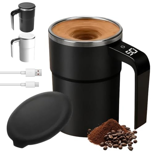 Hojalis Selbstrührende Tasse, 380ml Automatische Magnetische Rührkaffeetasse, Magnetische Selbstrührende Tasse mit Temperaturanzeige, Selbstrührender Kaffeebecher Für Picknick Camping Hotel (Schwarz)