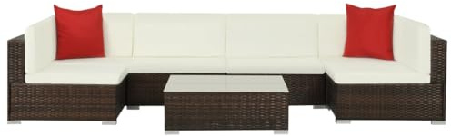 Yunovire 7-TLG. Garten-Lounge-Set, Poly Rattan Braun, für Terrasse, Balkon, Außenbereich, mit dicken Polstern, Couchtisch, 2 roten Kissen, pflegeleicht, für entspannte Stunden im Freien