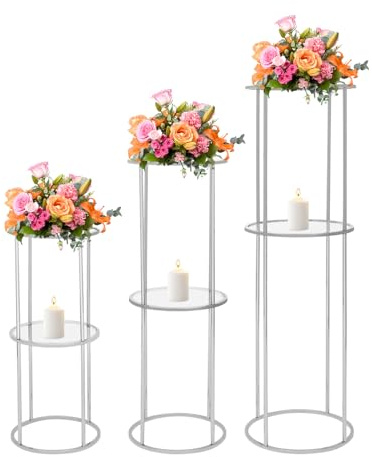 PromiseFly 3er-Set Blumenhocker Zweischichtig Blumenständer Blumensäule Pflanzenhocker Pflanzenständer Metallständer für Hochzeiten, Partys, Geburtstage, Feiern, Hotels 60cm/80cm/100cm (Silber)