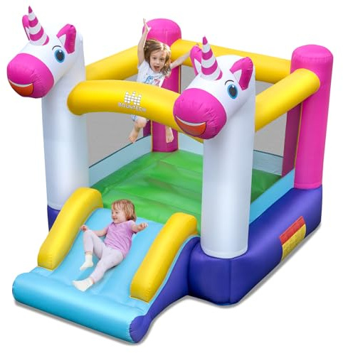 COSTWAY Castillo Hinchable para Niños, Casa Inflable Infantil 2 en 1 con Tobogán y Área de Salto, Tema de Unicornio Arcoíris, para Jardín, Césped, Fiesta, 260 x 195 x 219 cm (sin Soplador)