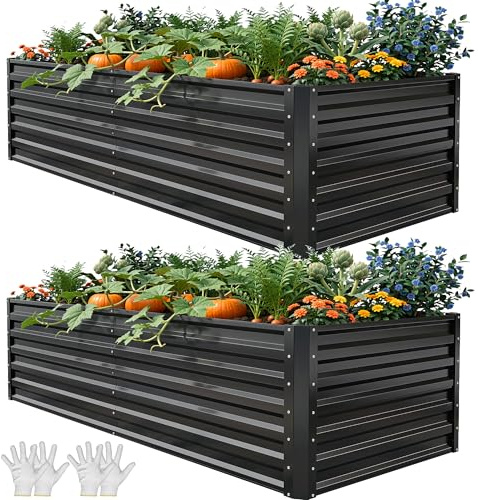 YITAHOME 2PCS Outdoor Raised Garden Bed Kit,180x90x54cm Raised Beds Thickened Zinc-Aluminum-Magnesium Metal Raised Beds for Garden with Support Rod & Gloves for Vegetables Flowers Fruits (Black)