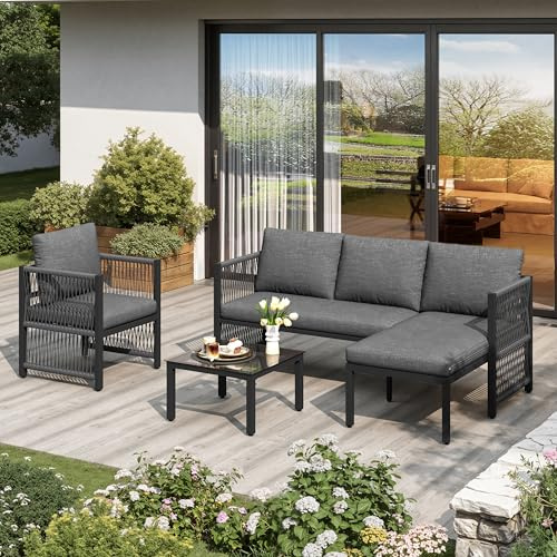 Httcg Polyester Rope Garden Furniture Sets Garden Sofa Set for 4-5 People, Outdoor Furniture Outdoor Corner Sofa Set with Glass Coffee Table and Armchairs, Patio Balcony Furniture Set, Linen, Grey